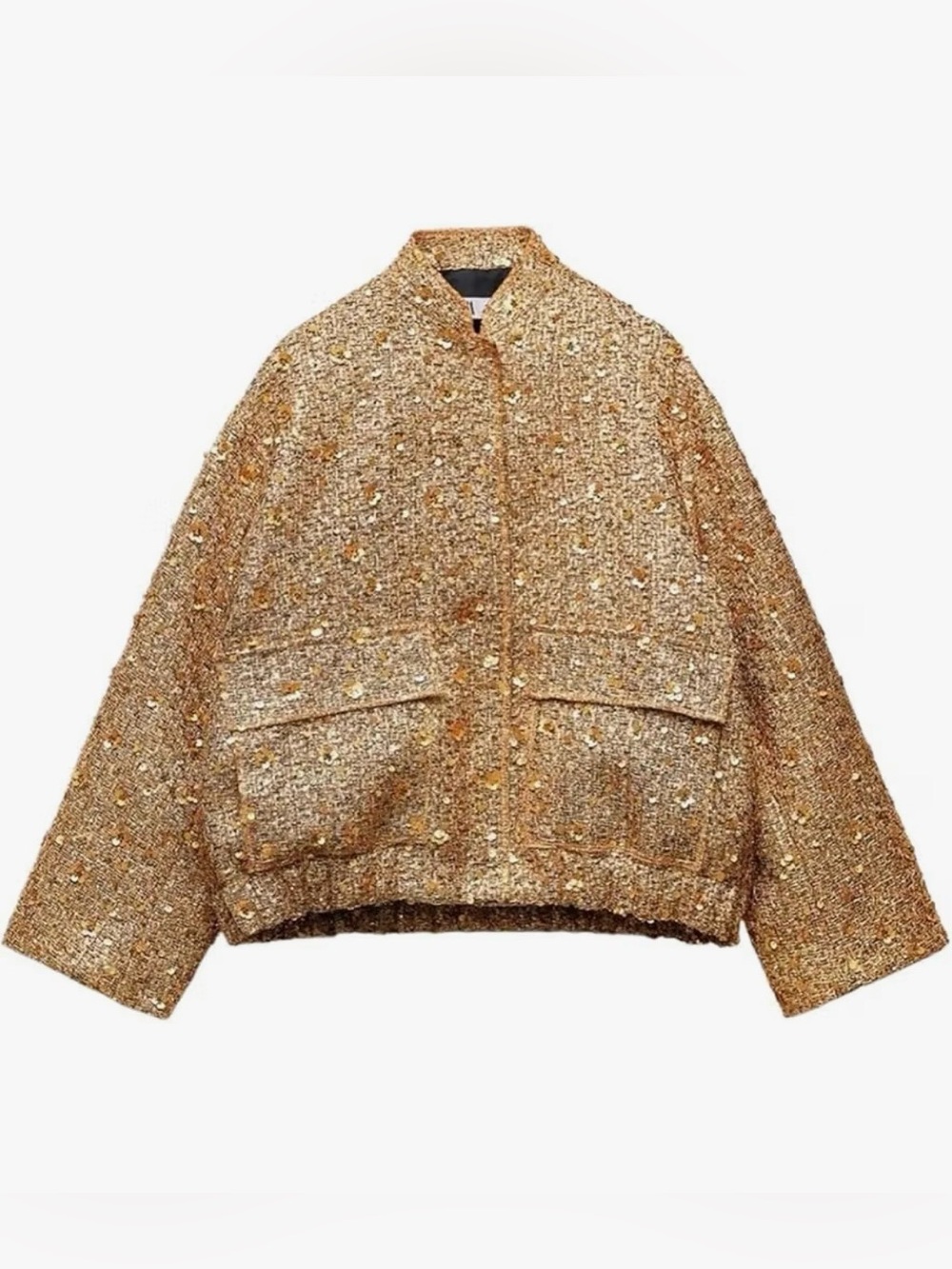 Gold Sequin Metallic Tweed Bouclé Bomber Jacket Holiday Party Event Showstopper